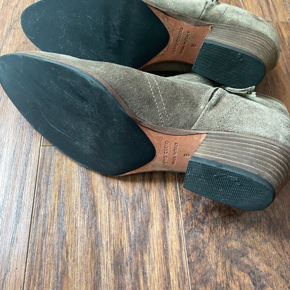 Aquatalia Tan Suede Side Zip Stacked Heel Bootie